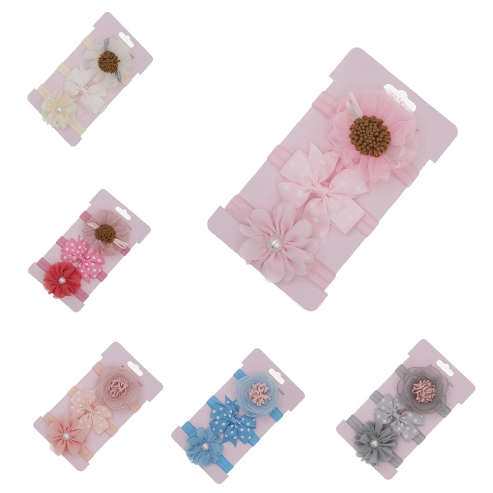 Cute 3pcs/lot Children Kids Bowknot Flower Hairband Elastic Baby Girls Pearl Headband Photo Props Hair Accessories Headwear Set