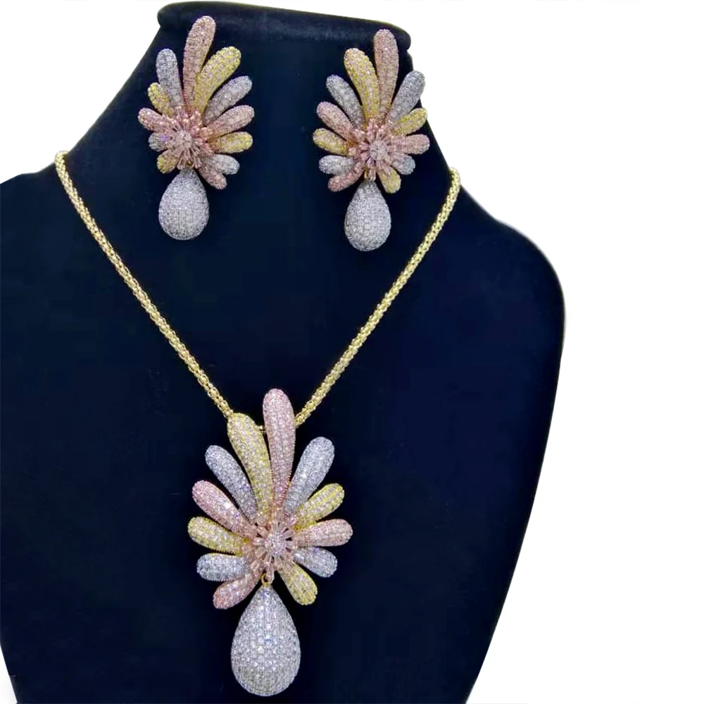 GODKI Luxury 2PCS Flower Leaf Necklace Earring Set Dubai Wedding Jewelry Sets Engagement brincos