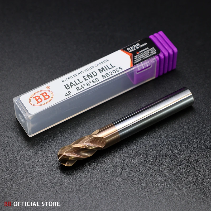 BB 4 Flute Ball Nose End Mill 3 Teeth Solid Carbide CNC Profile Finishing Machining Radius R0.5-R10