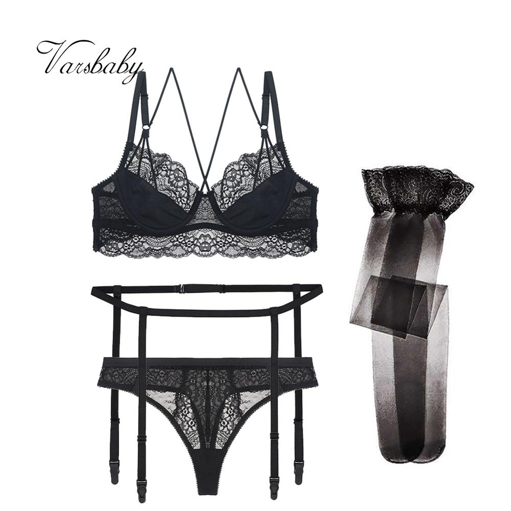 Varsbaby 4Pcs/Lot Sexy Ultra-thin Unlined Hollow Floral Underwear Comfortable Lace Bra+Belt+Thong+Stockings Lingerie Set