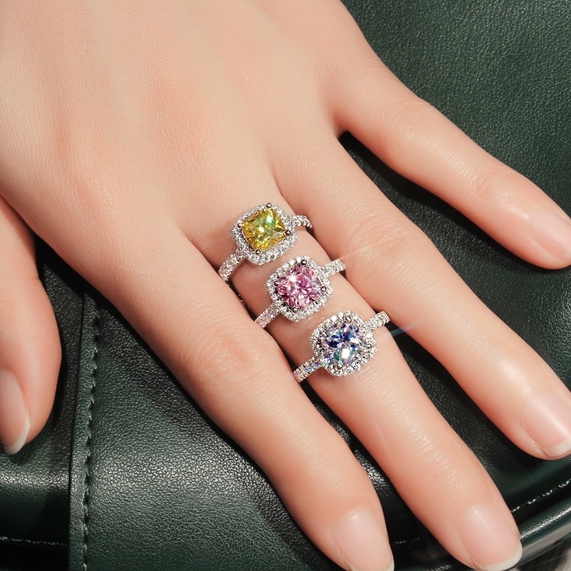 Princess 2 Carat Cubic ZirconRing Tibetan Silver Jewelry Wedding Ring Square White/Yellow/Pink Zircon Ring