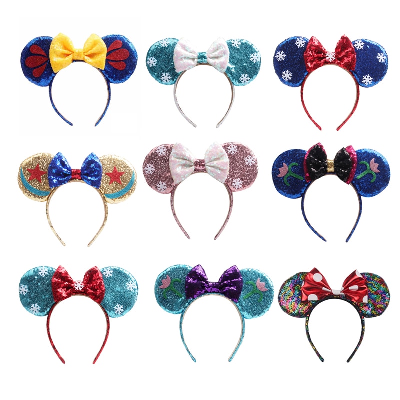 Disney Mickey Minnie Ear Headbands Frozen Elsa Anna Bow Sequins Headband For Women Girls Hairband Hair Hoop Hair Accessories