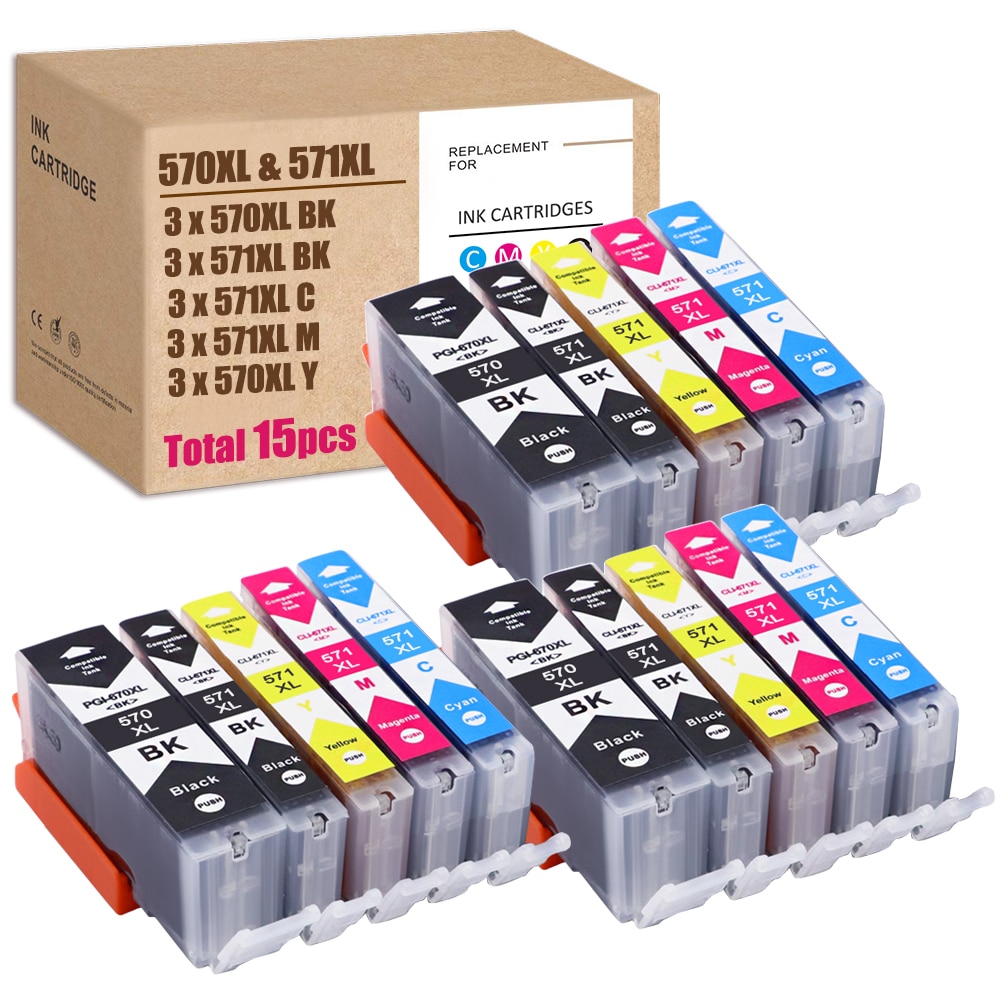 15PCS For Canon PGI-570XL Ink For CLI-571XL Ink 570 571 Pixma MG5752 MG6850 MG7752 TS8053 TS5052 TS6053 TS5055 TS9050 MG5750 Ink