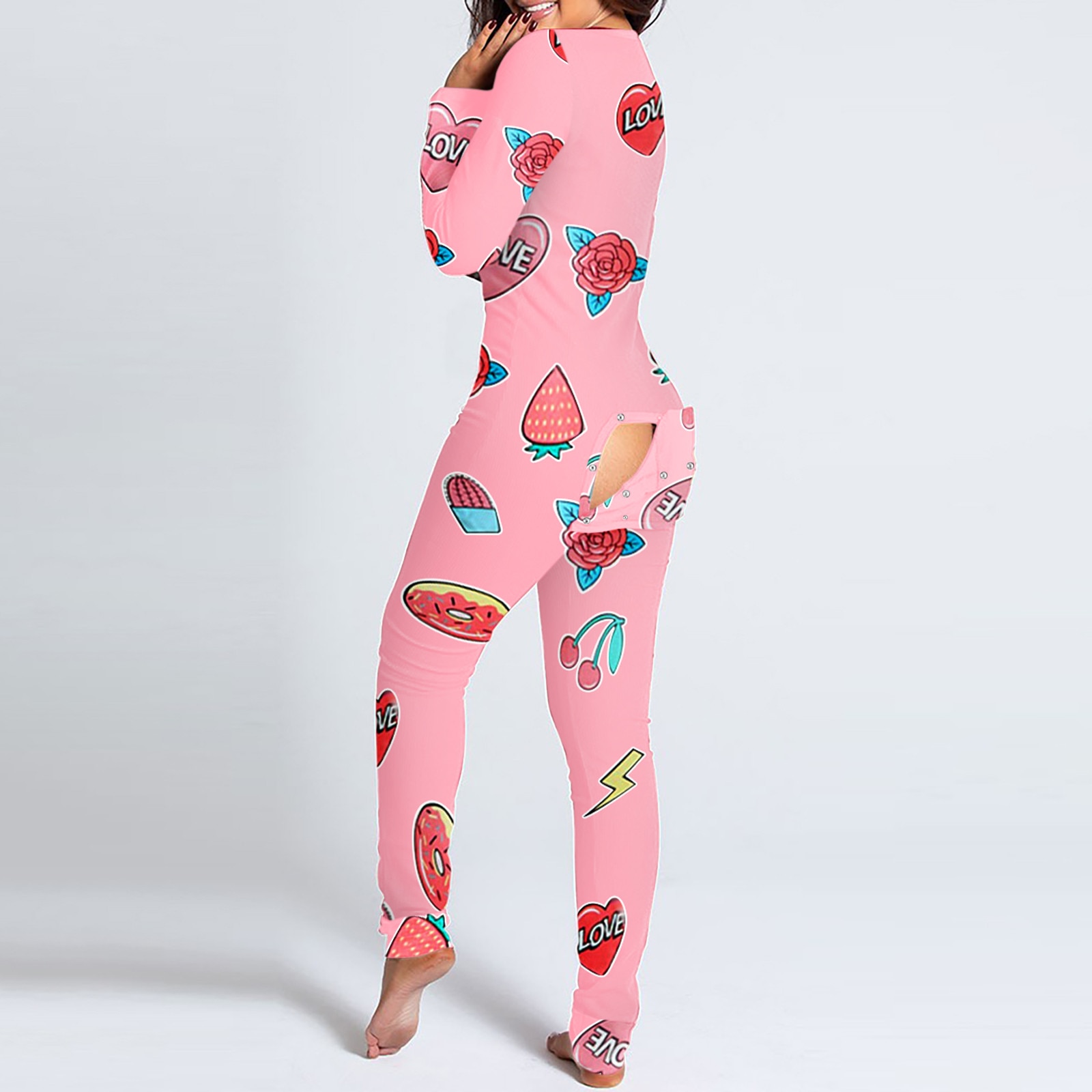 New Women V-neck Print Long Sleeve Button-down Front Functional Buttoned Flap Adults Jumpsuit Bodycon Sleepwear Nightwear S-3XL