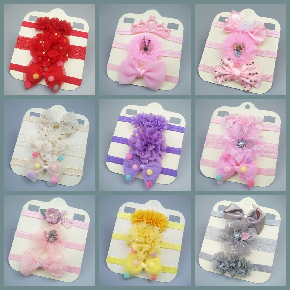 New 3pcs/set Infant Kids Lace Floral Pearl Headband Net Yarn Bows Child Hair Bands Toddler Baby Headwear Set Newborn Gift