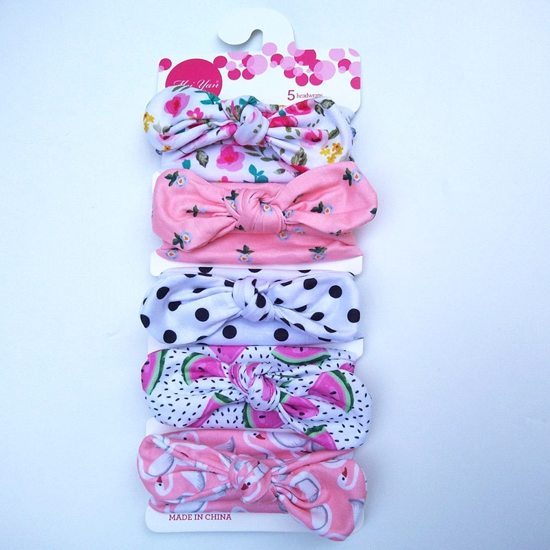 New 5pcs/lot Baby Girls Printted Floral Fruit Dot Heart Rabbit Ears Headband Newborn Soft Cotton Hair Band Toddler Headwear Set