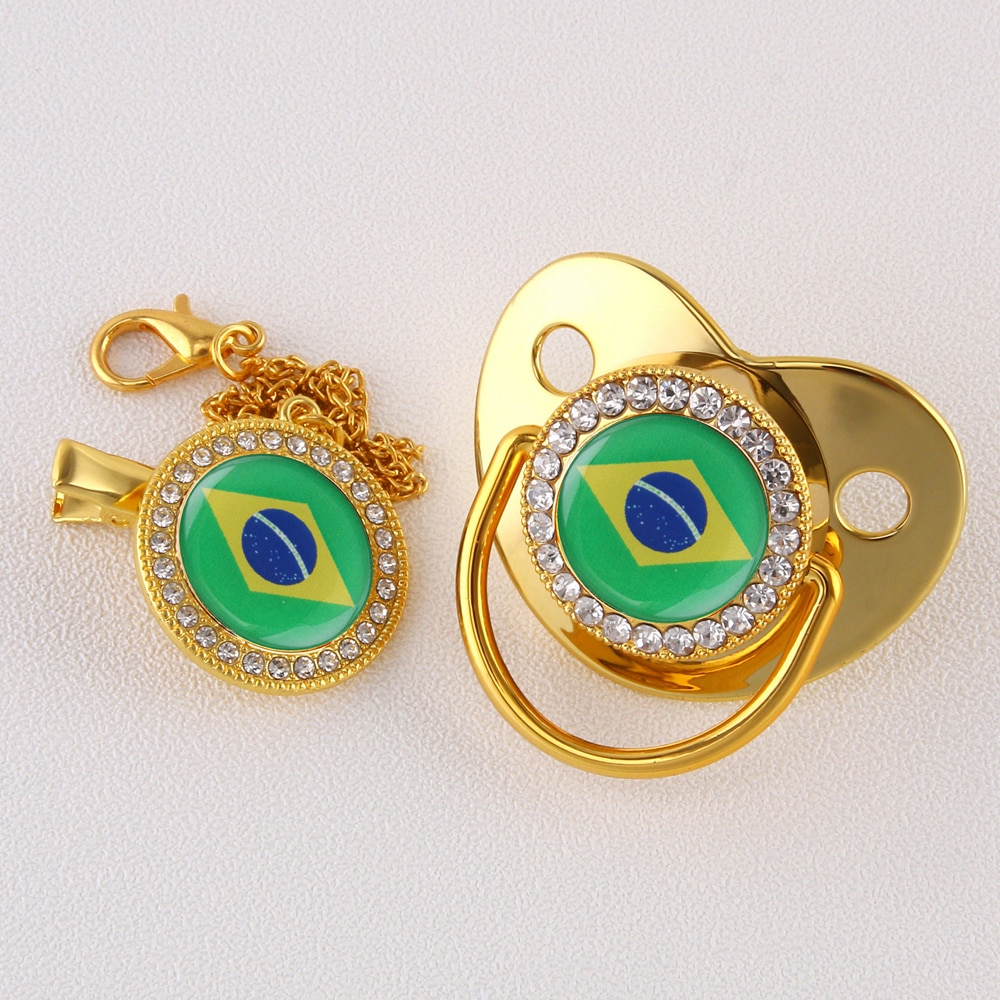 0-12 Months Brazil Flag Golden Luxury Bling Bling Baby Pacifier With Chain Clip Chupeta de bebê Newborn Infant Feeding Soother