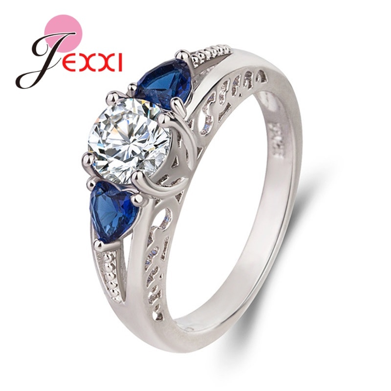 Authentic 925 Sterling Silver Blue Heart Shape Shiny Crystal Promise Finger Rings For Women Christmas Luxury Jewelry Accessory