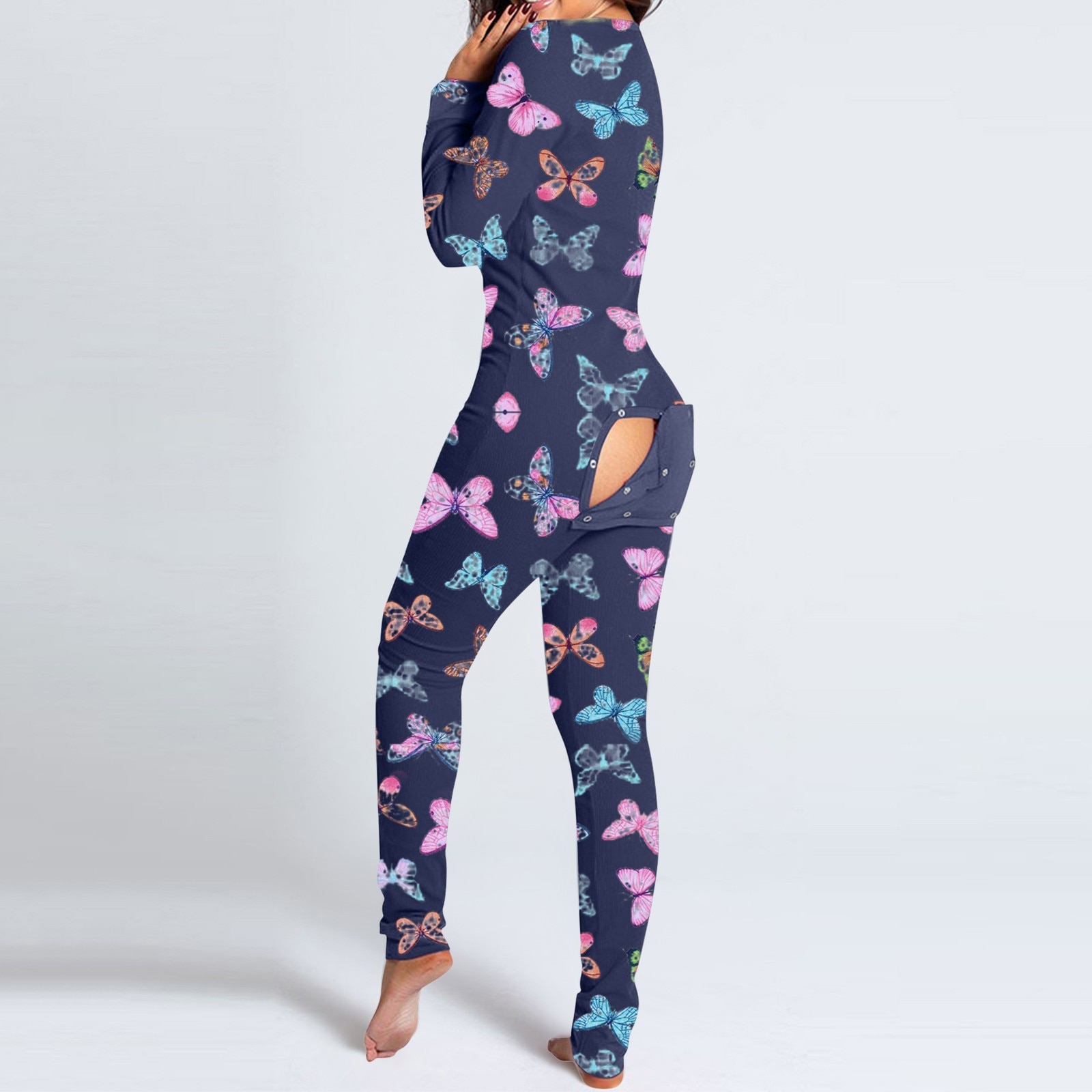 New Women's Jumpsuit Open Butt Butterfly Watermelon Printed Button-down Front Functional Buttoned Flap Adults Jumpsuit Slee