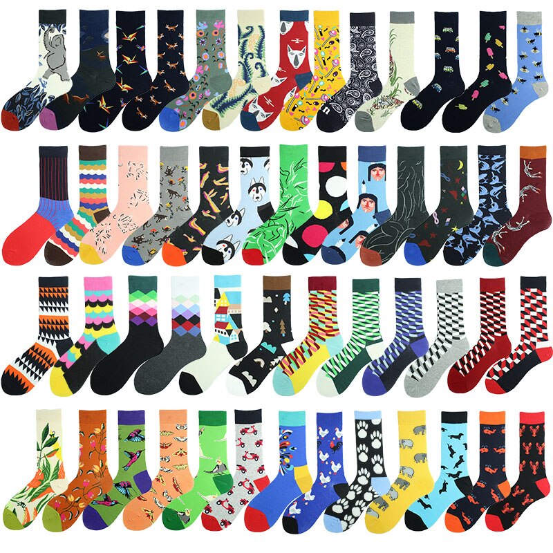 Cotton Wedding Funny Socks Men Flower Bird Dog Elephant Grid Personality Abstract Happy Art Painting Female Sokken Unisex Gifts