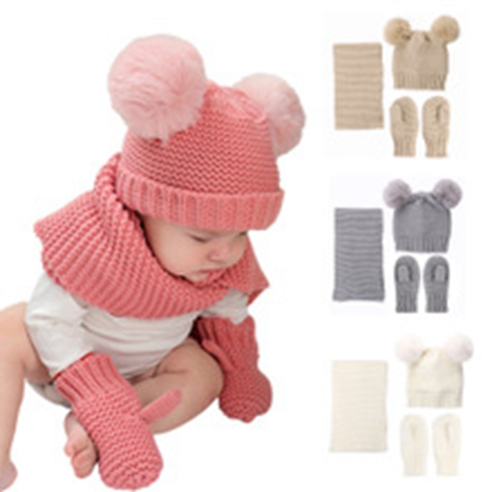 New Infant Toddler Knit with Faux Fur Ball Hat Soft Child Gloves Winter Solid Color Cotton Child Scarf Kid Hair Accessories Set