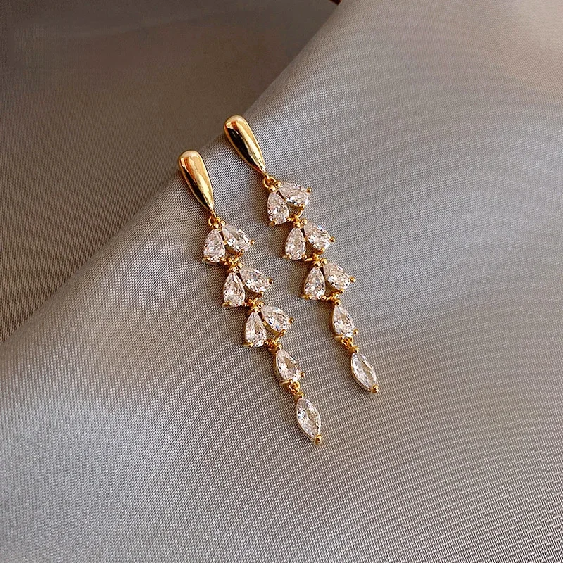 Shiny Zircon Tassel Leaf Shape Gold Color Earrings For Womans New Fashion Jewelry Wedding Party