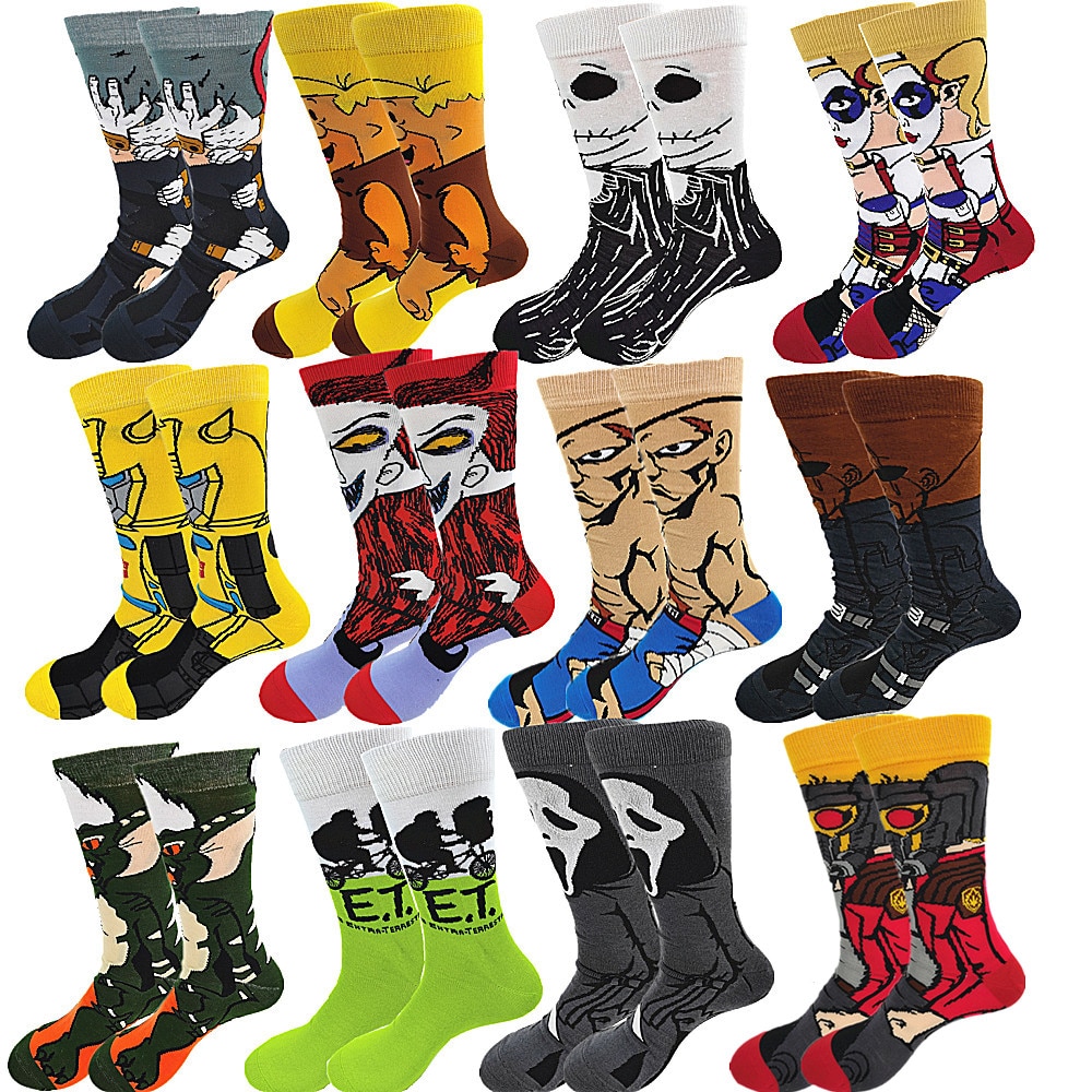 A Pair of Men Happy Funny Winter Warm Socks Cartoon Anime Clown Long Socks Men Cool Crew Socks Street Fashion Sewing Pattern