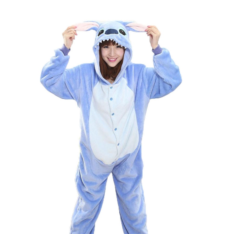 Blue Stitch Animel Cosplay Kigurumi Adult Women Pajama Winter Warm Onesie Funny Soft Cute Jumpsuit For Men