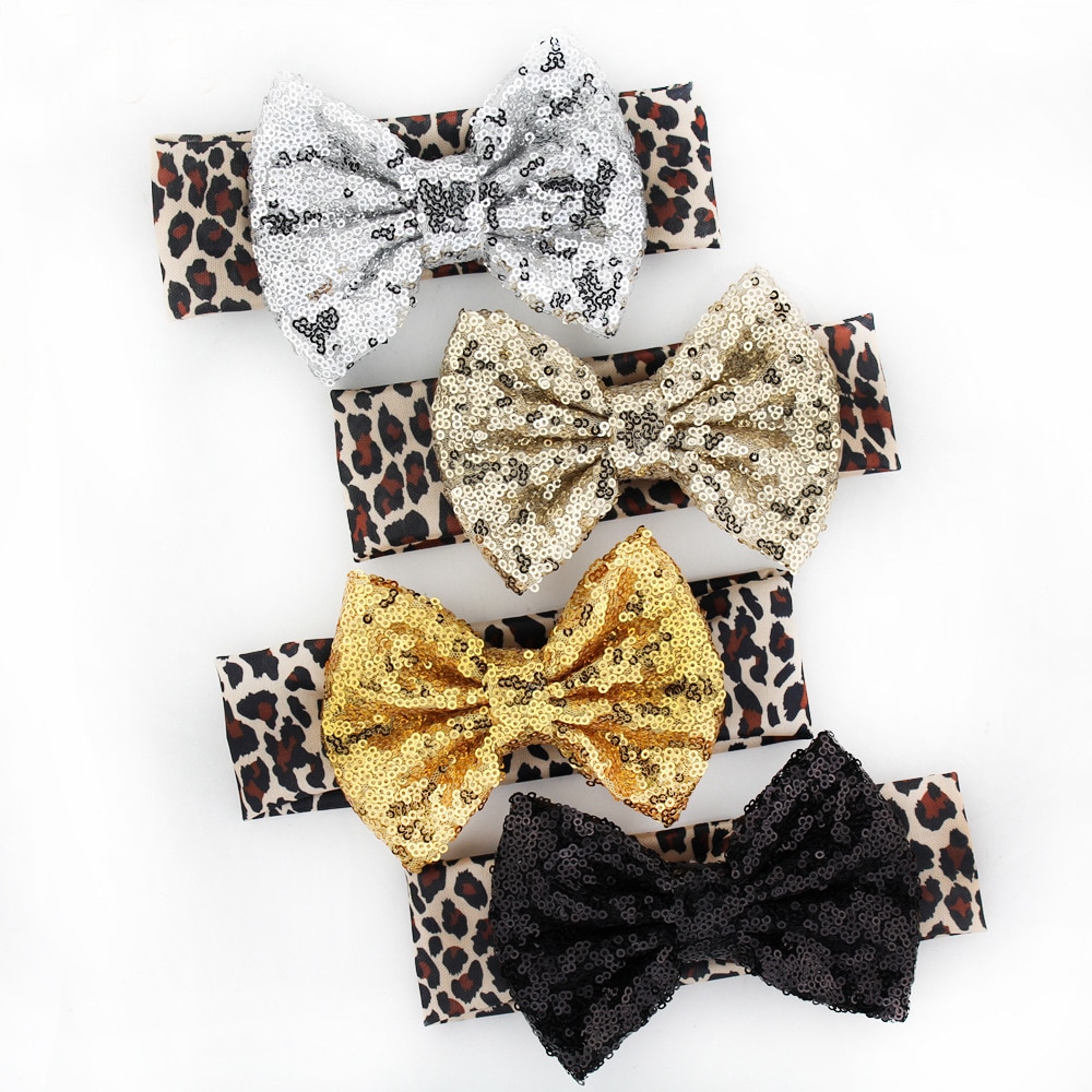 Fashion Glitter Sequins Bow Infant Toddler Headband Kids Leopard Print Hairband Baby Girls Headwear Accessories Birthday Gift