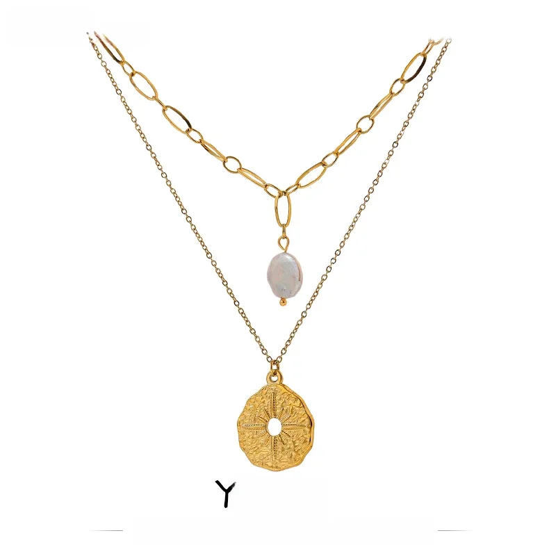 Yhpup Statement Round North Star Layered Pendant Necklace for Women Golden Stainless Steel Natural