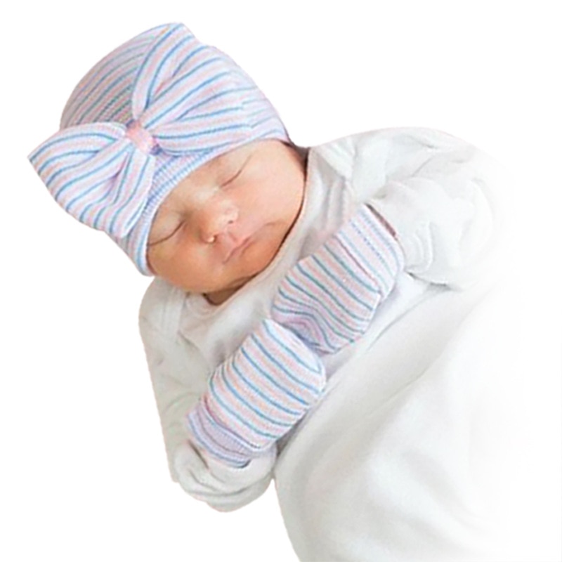 New Infant Toddler Big Bow Stripe Hats and Gloves Set Baby Girls Knitted Bowknot Cap Newborn Kids Woven Bonnet Child Headwear