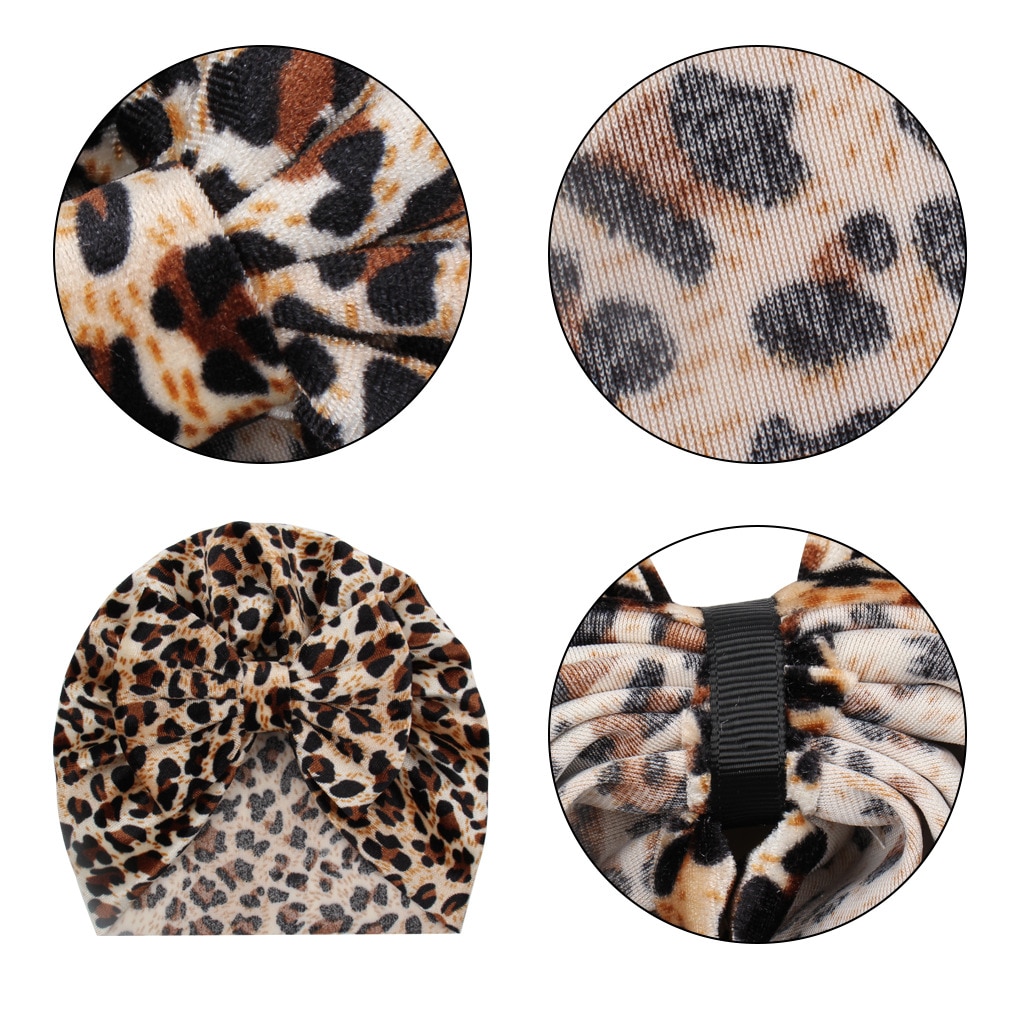 New Infant Print Leopard Bow Nylon Elastic Caps Soft Velvet Newborn Baby Girl Hat Children Headwear Clothing Accessories