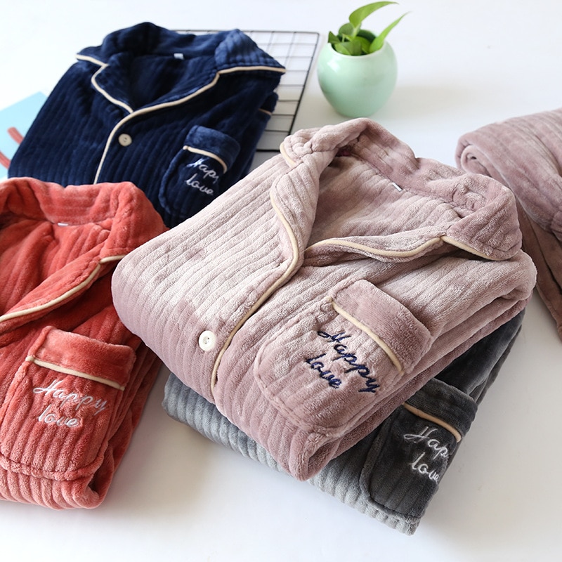 New winter thickened flannel couple pajamas suit men and women coral fleece warm home service set simple two piece set sleepwear