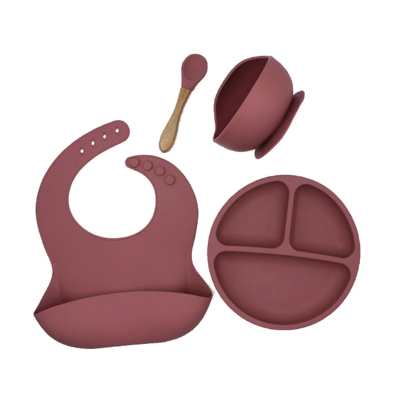 4pcs/Set BPA Free Baby Silicone Tableware Waterproof Bib Solid Color Dinner Plate Sucker Bowl And Spoon For Children
