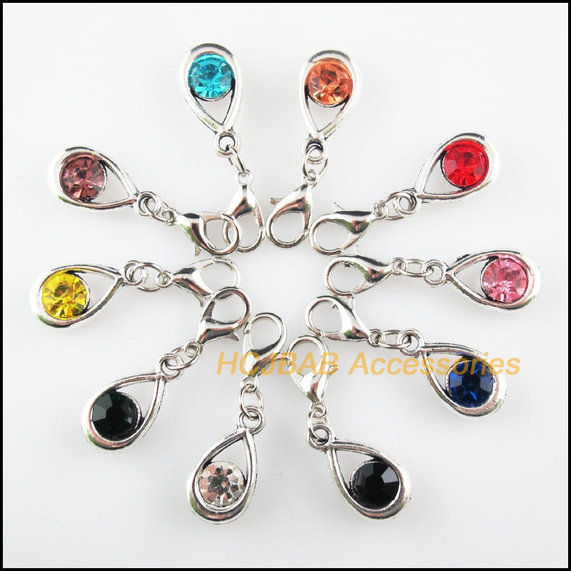 10 New Teardrop 9.5x17.5mm Charms Mixed Round Crystal Tibetan Silver Plated Retro With Lobster Claw Clasps