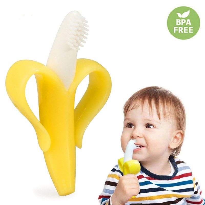 1PC Cartoon Baby Teether Toys Safe BPA Banana Teething Ring Silicone Chew Dental Care Toothbrush Nursing Beads Gift For Infant