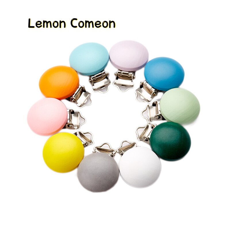 Lemon Comeon 10Pcs 30mm Macaron Color Wooden Clip Round Baby Teething Bead Clip Accessories for DIY Pacifier Chain Holder Tool