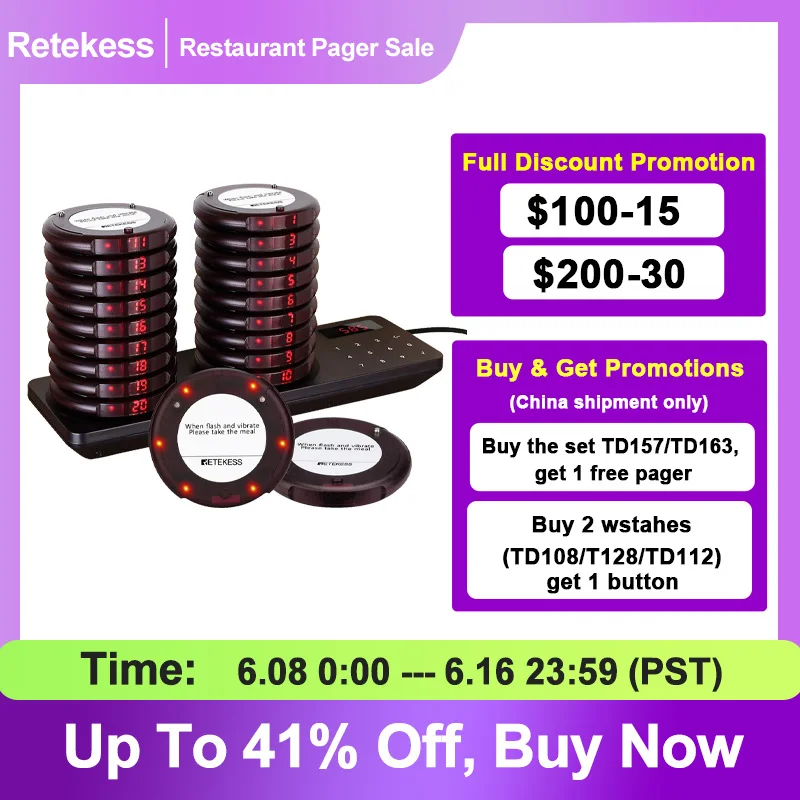 Retekess TD163 Restaurant Pager Wireless Calling System Vibrators Paging Device Vibration Bell Cafe Beeper for Coffee Food Truck