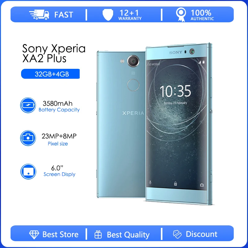 Sony Xperia XA2 Plus Dual SIM H4413 H4493 Refurbished-Original Unlocked 6.0" 32GB 4GB RAM Octa-core Android Cellphone