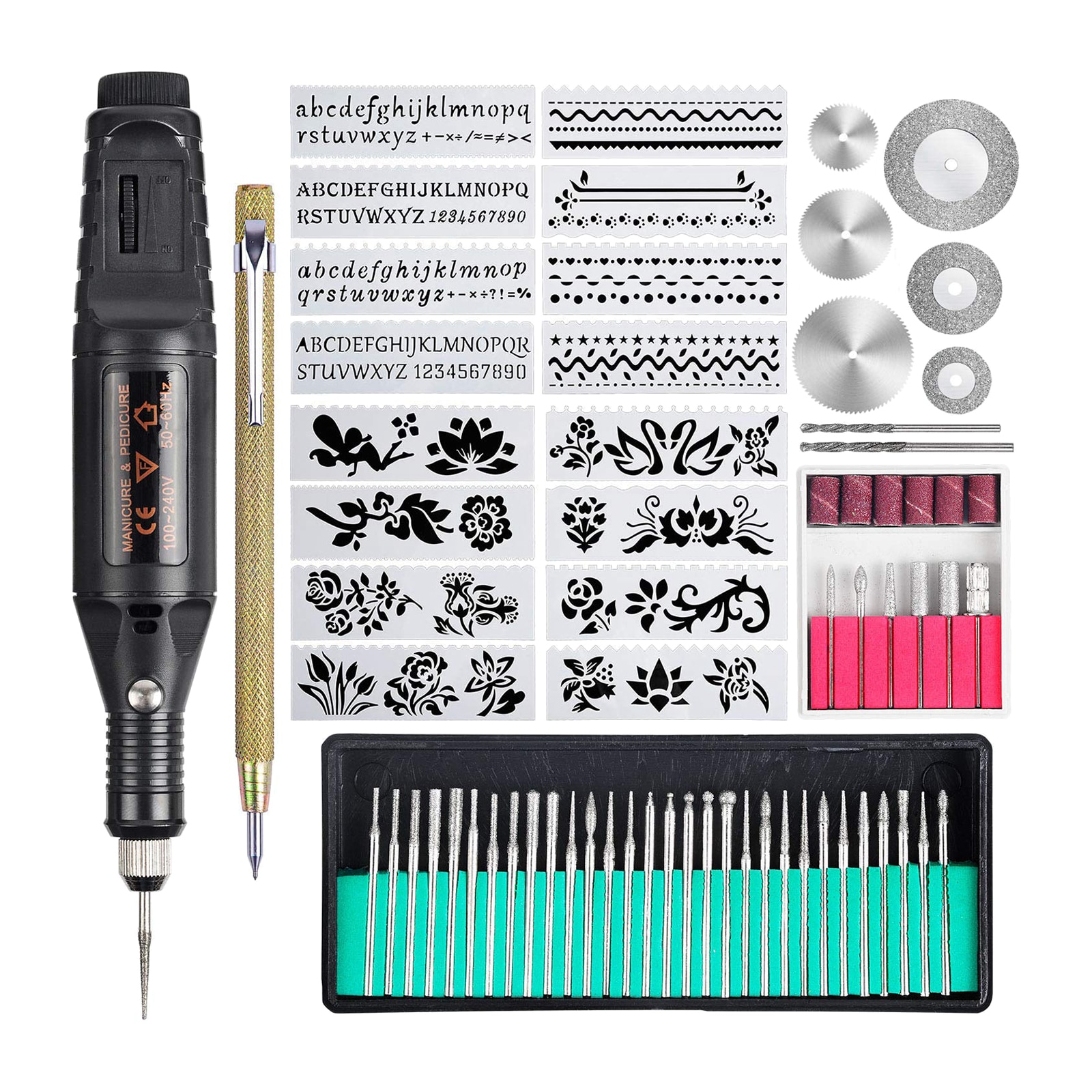 Electric Engraving Tool Kit Engraver with Scriber Bits Polishing Head Stencils for Stationary Jewelry DIY