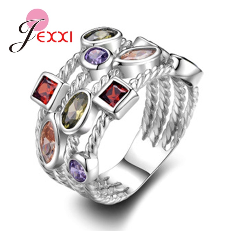 Genuine 925 Sterling Silver Sparkling Colorful Crystal Stackable Finger Ring For Women Fine Super Nice Silver Jewelry Gift