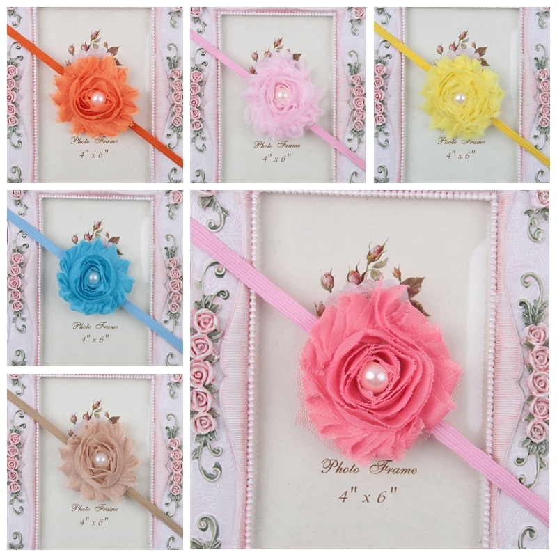 6 CM Shabby Flower Elastic Headband Fashion Handmade Floral Hairband with Fake Pearl Newborn Girls Accessories Photography Props