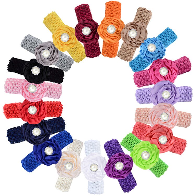 5pcs/lot Solid Color Handmade Knitted Baby Girls Headband Shining Rhinestone Flower Hairband Princess Headwear Photography Props
