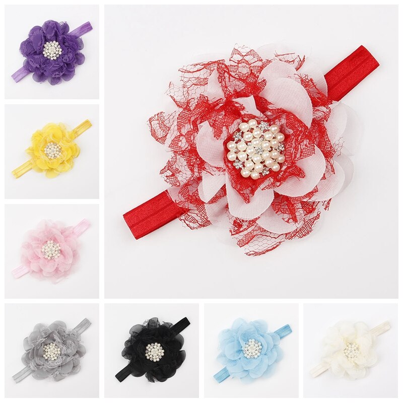 Circular Pearl Rhinestone Flower Hairband Solid Color Elastic Headband 10 CM Floral Headwear Baby Girl Accessories Birthday Gift