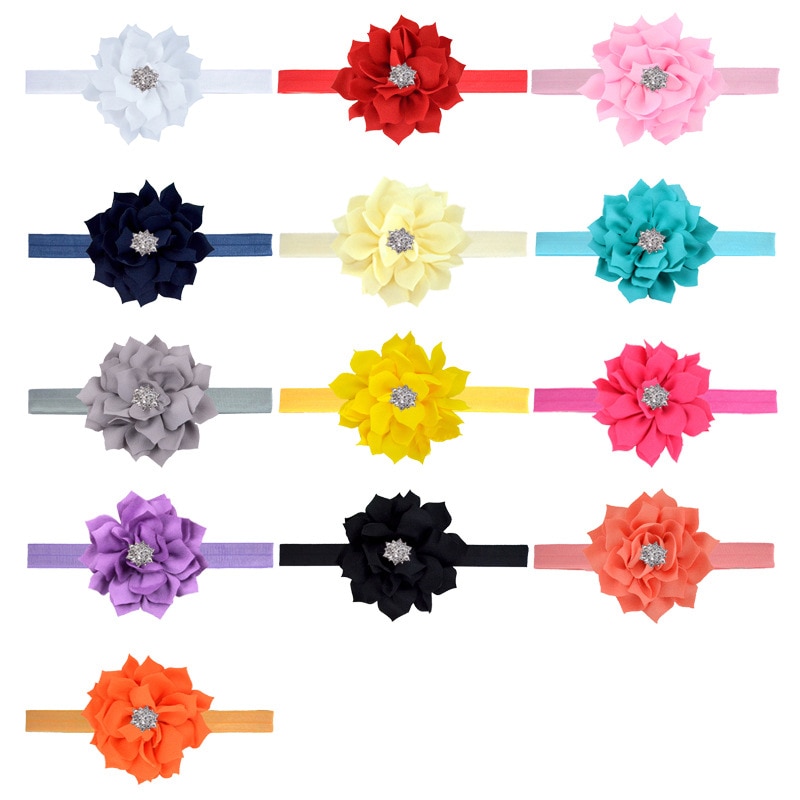 5pcs/lot Boutique Rhinestone Lotus Headband 9 CM Sharp Angle Fabric Flower Baby Hairband Newborn Photography Headwear 13 Colors