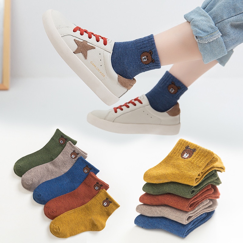 5 Pairs Baby Boys Winter Cartoon Bear Anti-skid Socks Kids Breathable Spring Autumn Cotton Keep Warm Floor Girls Socks