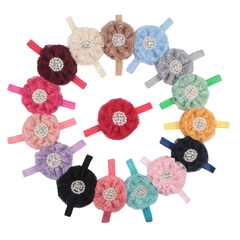Shining Rhinestone Lace Flower Baby Girls Headband Solid Color Elastic Hairband Newborn Headwear Accessories Kids Birthday Gifts