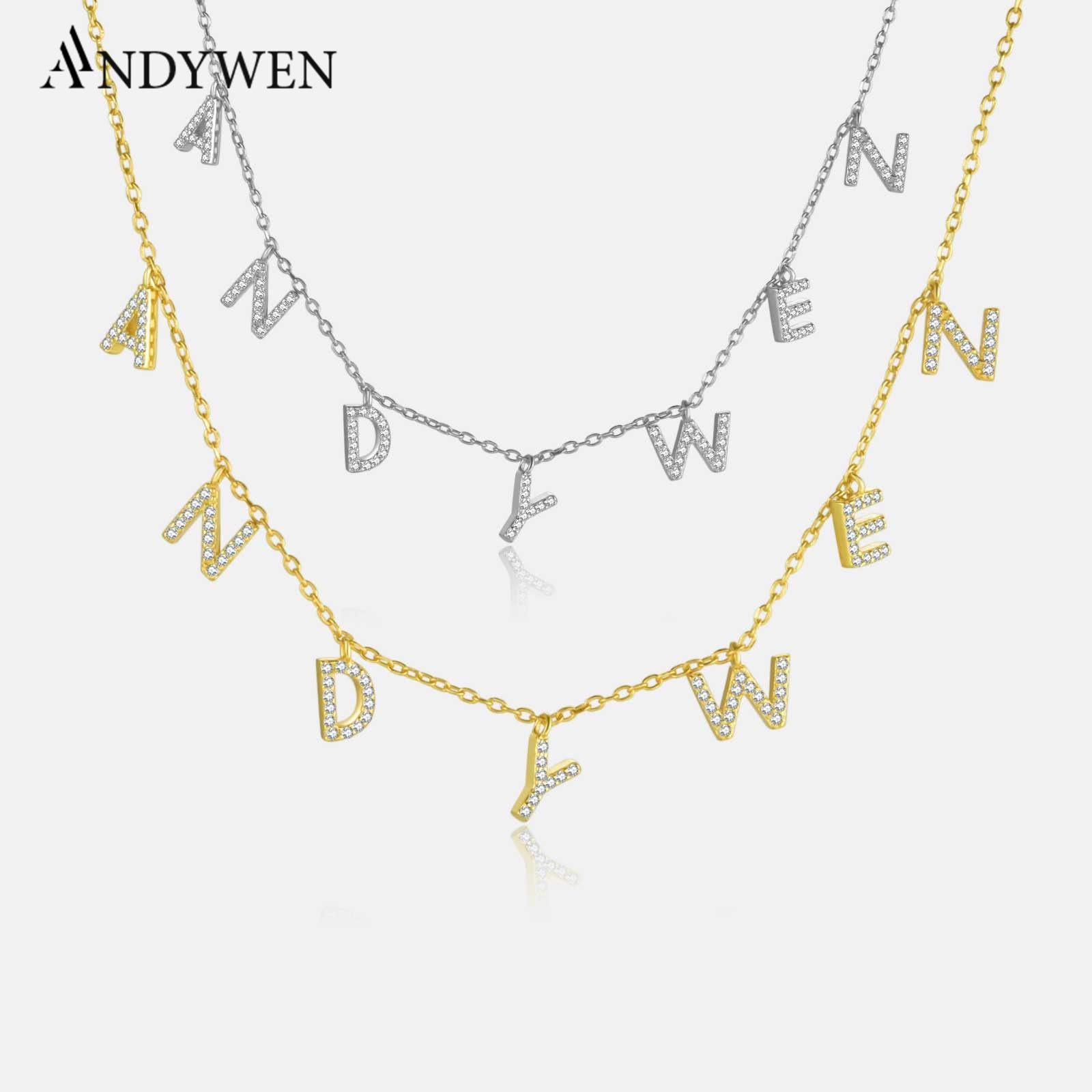 ANDYWEN 925 Sterling Silver Gold Personalized Name Pendant Necklace Alpahbet Birthday Gift