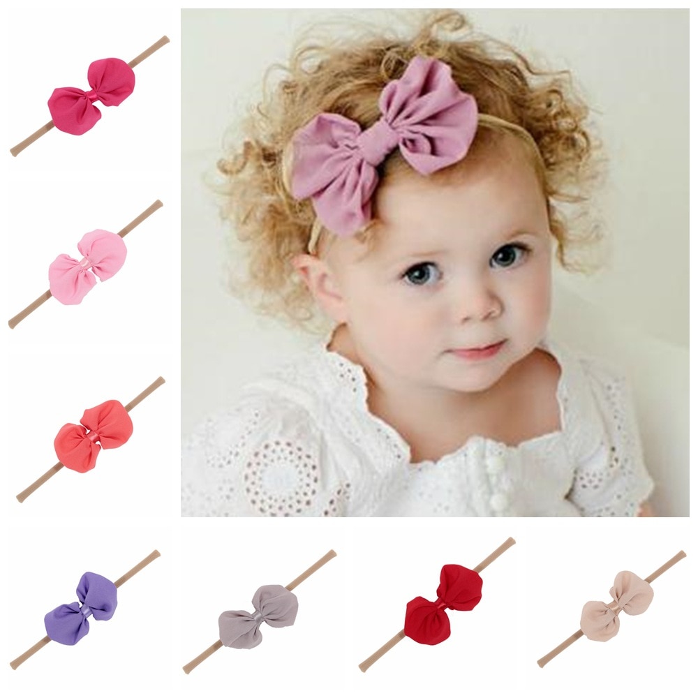Newborn Infant Solid Color Nylon Headband 9 CM Handmade Fabric Bowknot Baby Girls Hairband Toddler Headwear Clothing Decoration
