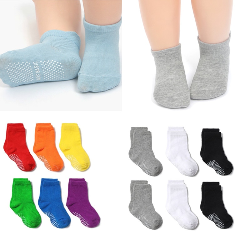 6 Pairs/lot Cotton Sock with Rubber Grips Children's Anti-slip Boat Socks for Boys Girl 1-7 Years