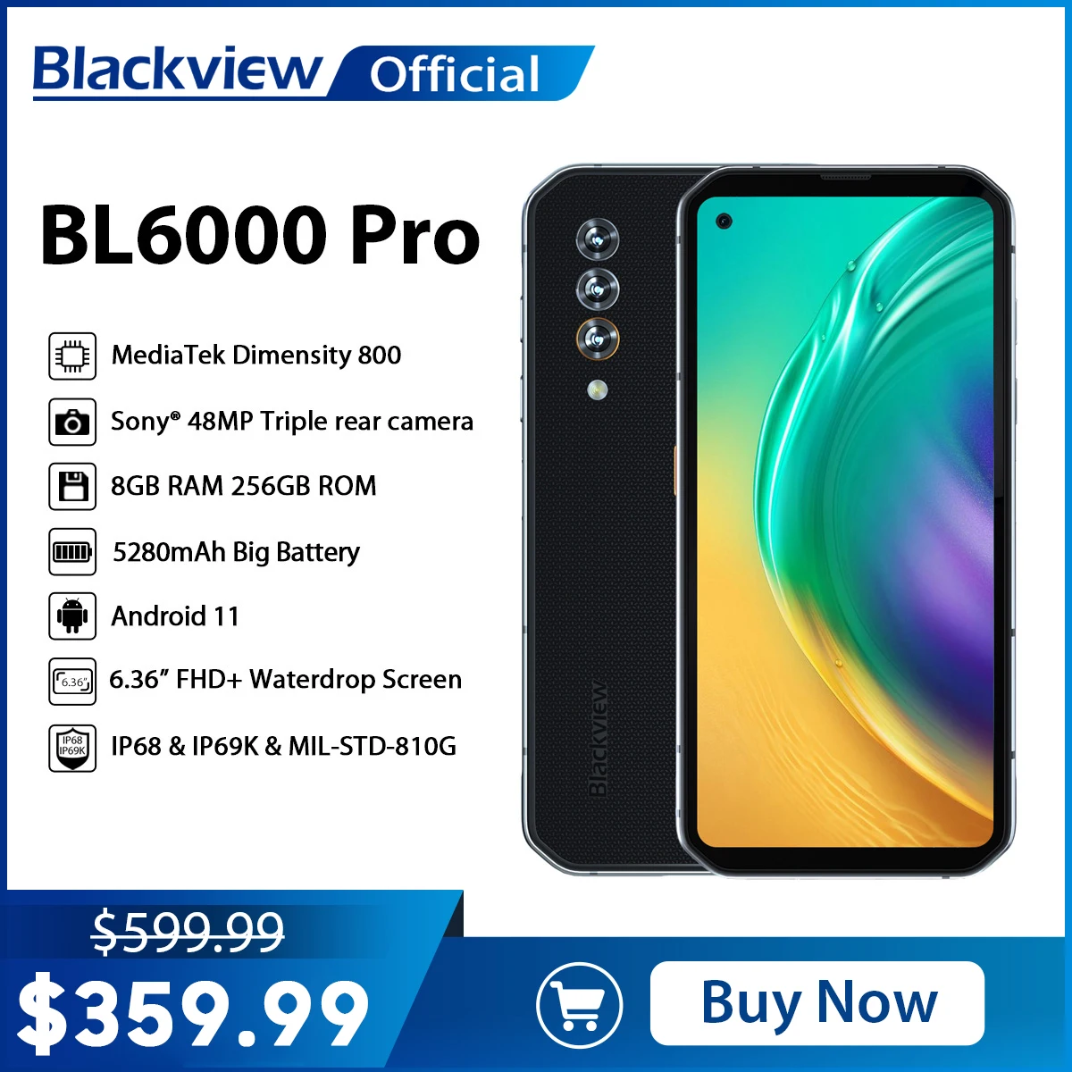 Blackview BL6000 Pro IP68 Waterproof 8GB+256GB Smartphone 48MP Triple Camera 5280mAh Android 10 Global 5G Mobile Phone