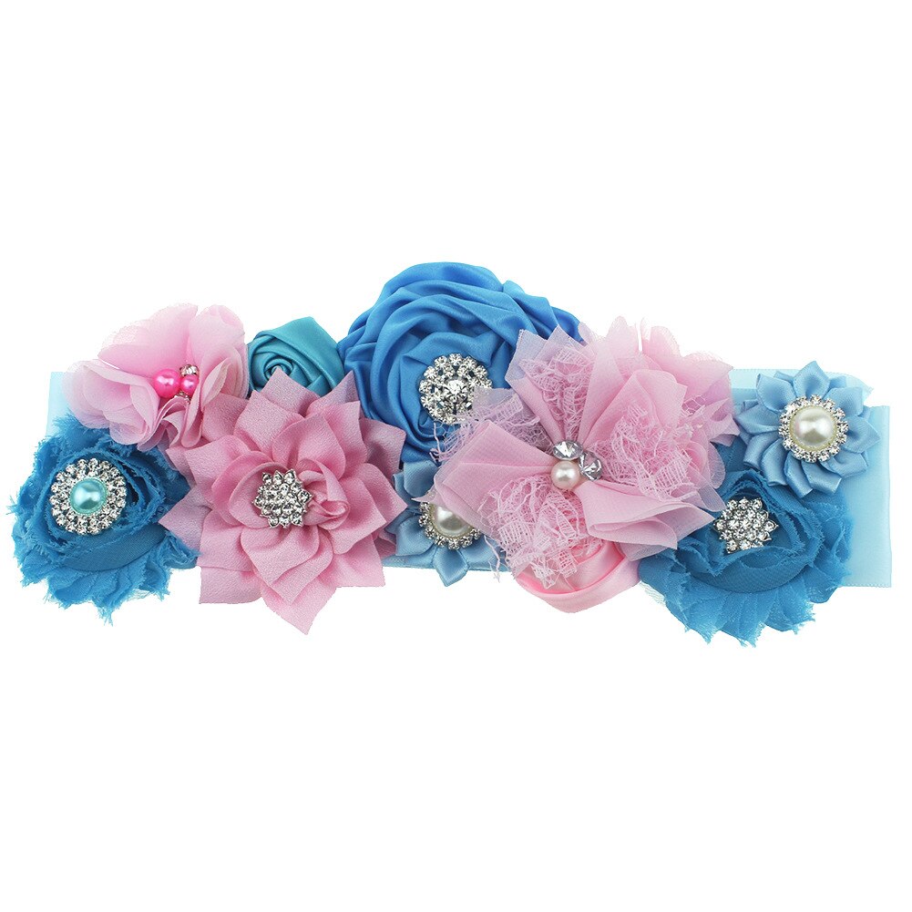 Fashion Handmade Satin Flower Belt with Rhinestone Elegant Rose Floral Maternity Sash Adjustable Blue Waistband Photography Prop