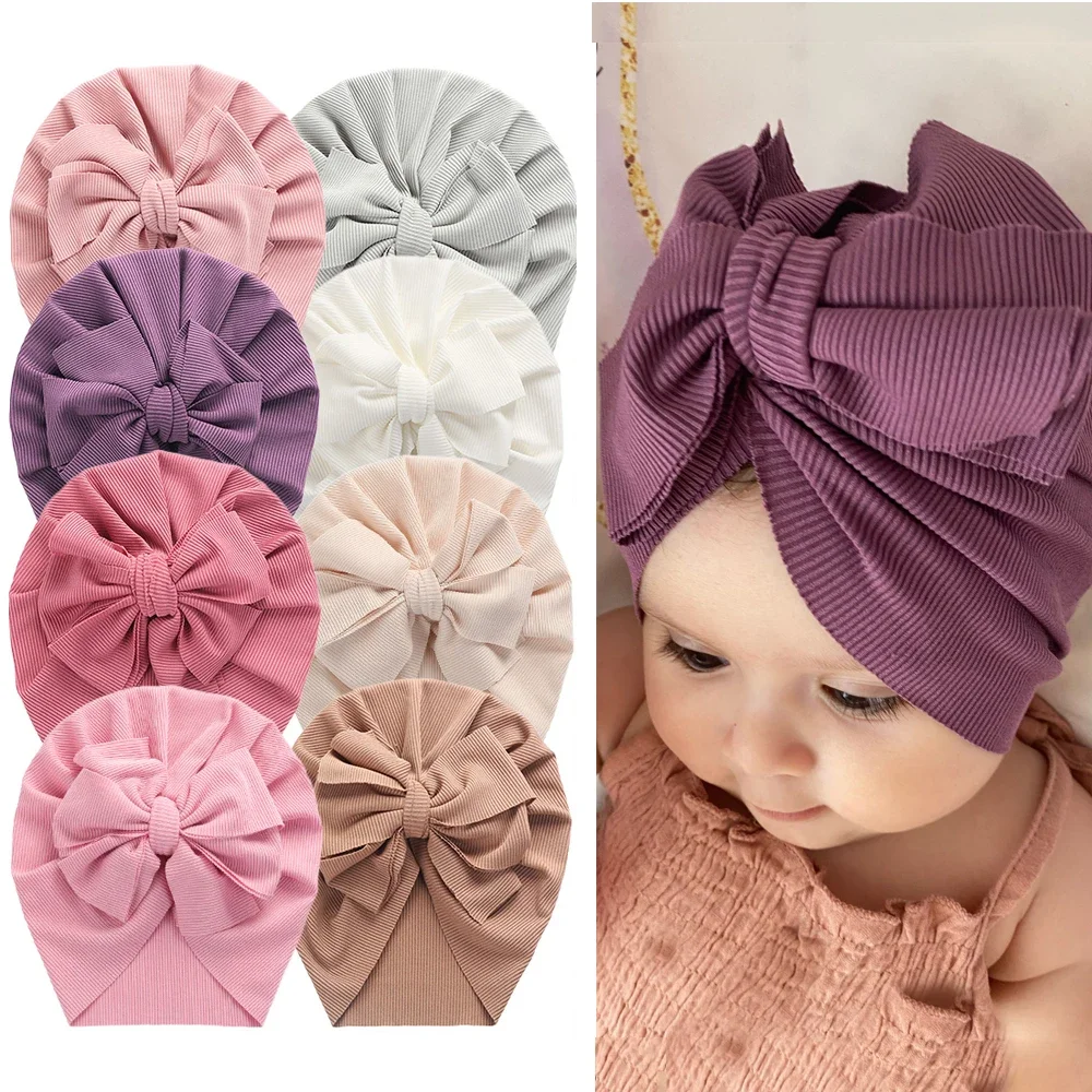 Solid Ribbed Bunny Knot Turban Hats for Baby Boys Girls Beanies Striped Thin Elastic Caps Bonnet