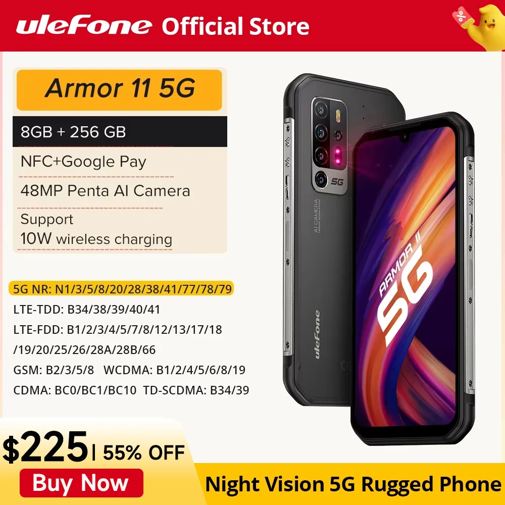 Ulefone Armor 11 5G Rugged Mobile Phone Android 8GB+256GB Android Waterproof Smartphone 48MP NFC Mobile Phone Wireless Charging