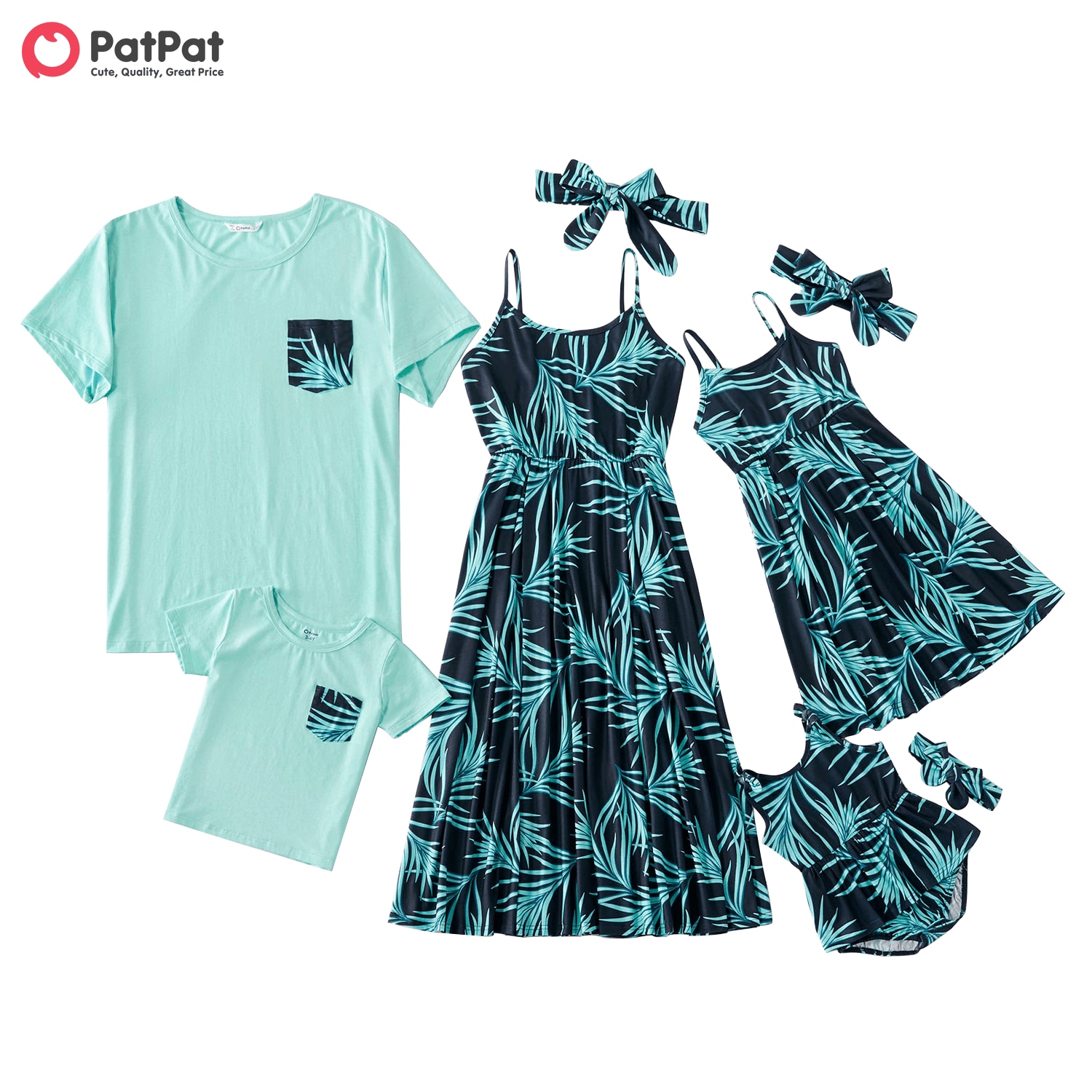 PatPat New Arrival Summer Mosaic Family Matching Palm Leaf Tank Dresses - Solid T-shirts - Rompers Family Look Short Sets