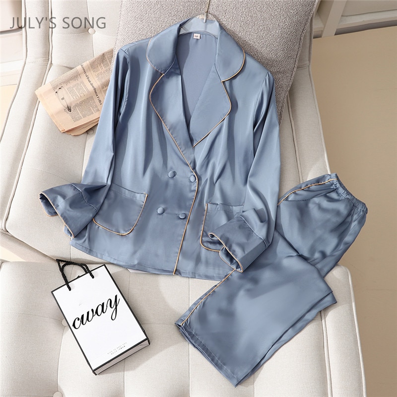 JULY'S SONG Faux Silk Pajamas Set Spring Autumn Sleepwear Women Casual Long-sleeved Trousers Ice Silk Turn-down Collar Fema