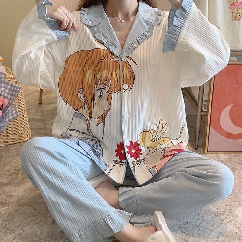 Anime Pajama Set Cardcaptor Sakura 2PCS Cotton Homewear Long Sleeve Tops and Pants Women Pijama Japanese Cartoon Nightsuit
