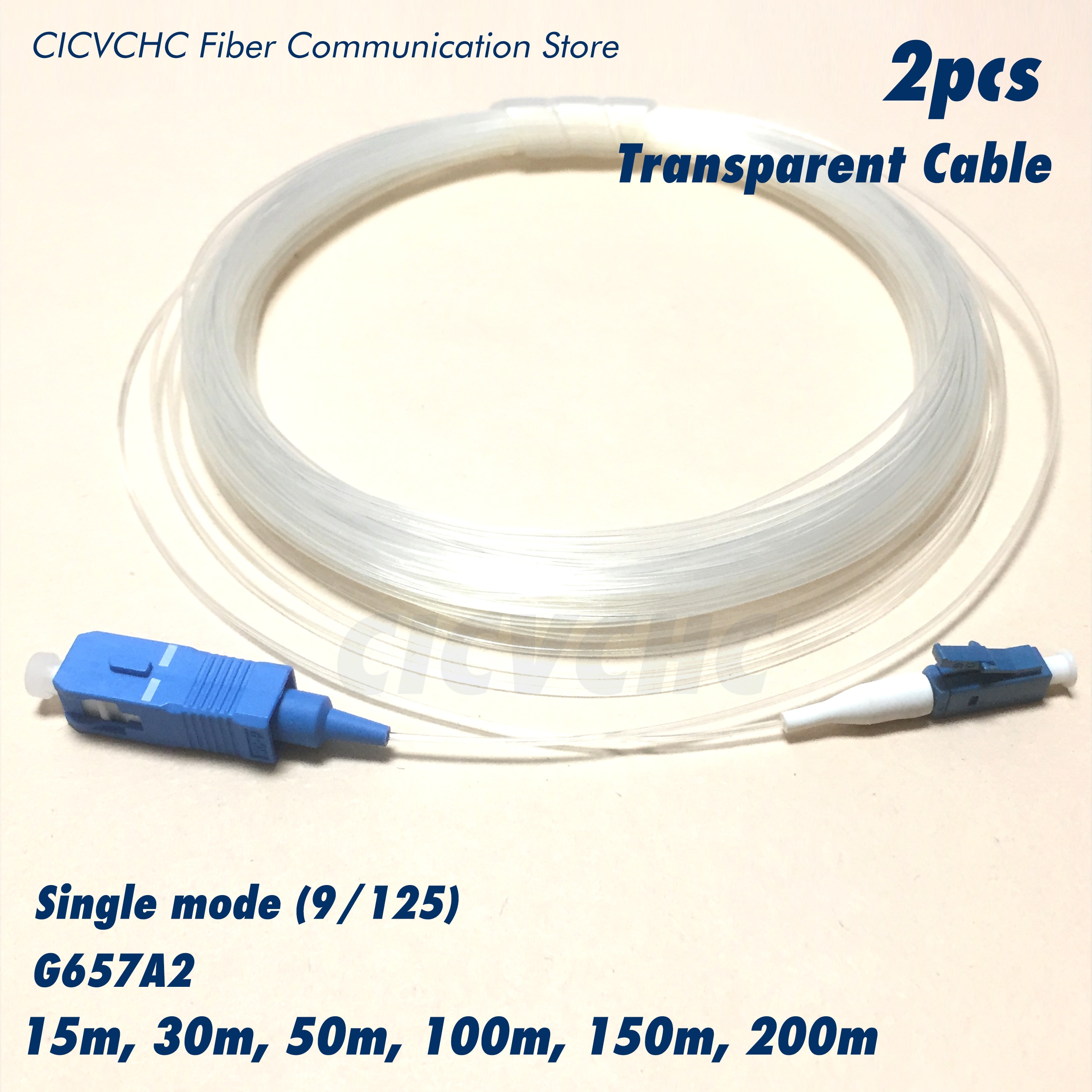 2pcs Transparent Cable (TAC)- LC/UPC-SC/UPC Jumper-SM(OS2)-G657A2-Bend Insensitive Fiber-15m to 200m-Invisible optical cable