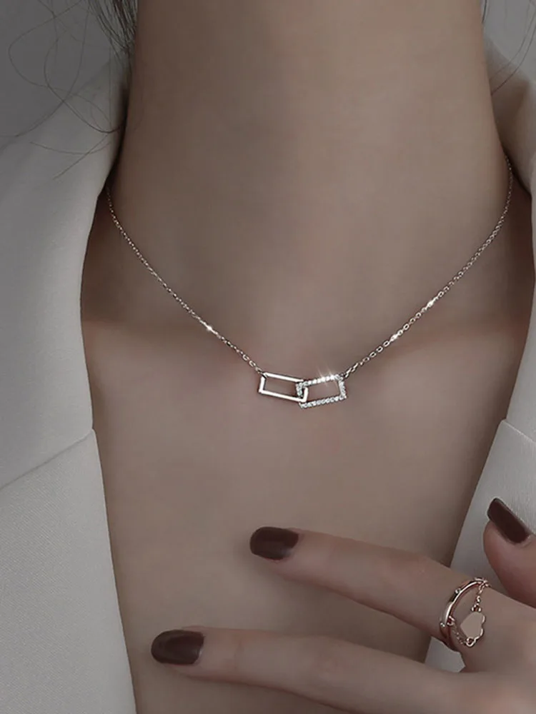 New 925 Sterling Silver Geometric Necklace Shiny Rectangle Pendant Set with Cubic Zirconia Necklace