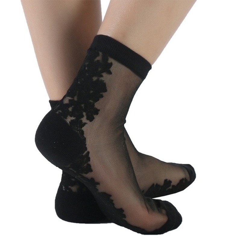 Women Ultrathin Transparent Socks Glitter Crystal Glass Silk Socks Beautiful Lace Shiny Elastic Short Socks Meias